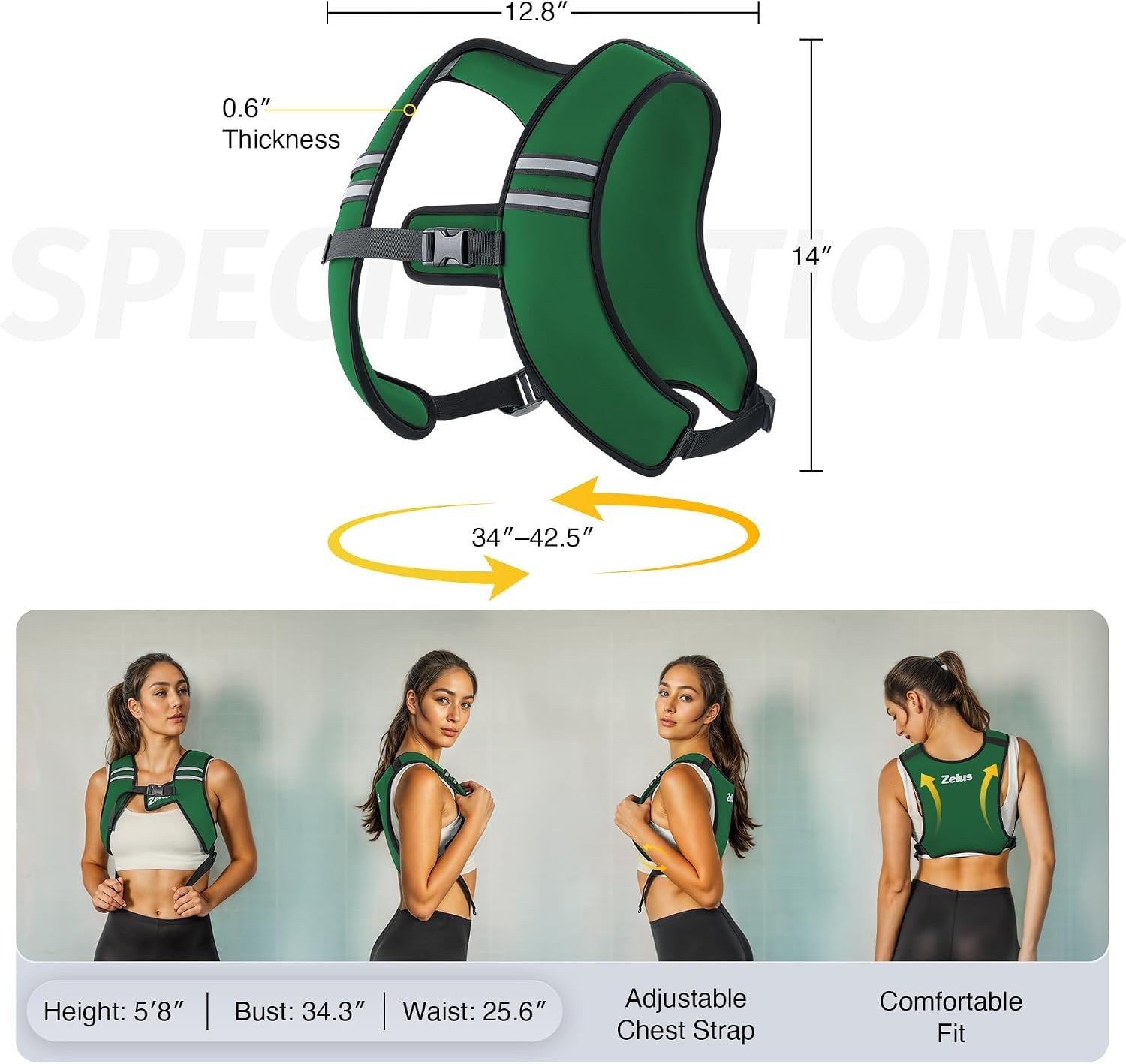 image:imageZelus Weighted Vest for Women Men Washable ZFit Weighted Vest 51015lb Filled with Soft Iron Slim amp Ultra Thin Hand WashableReflective StripsAdjustable StrapsWalking Running Strength TrainingGreen