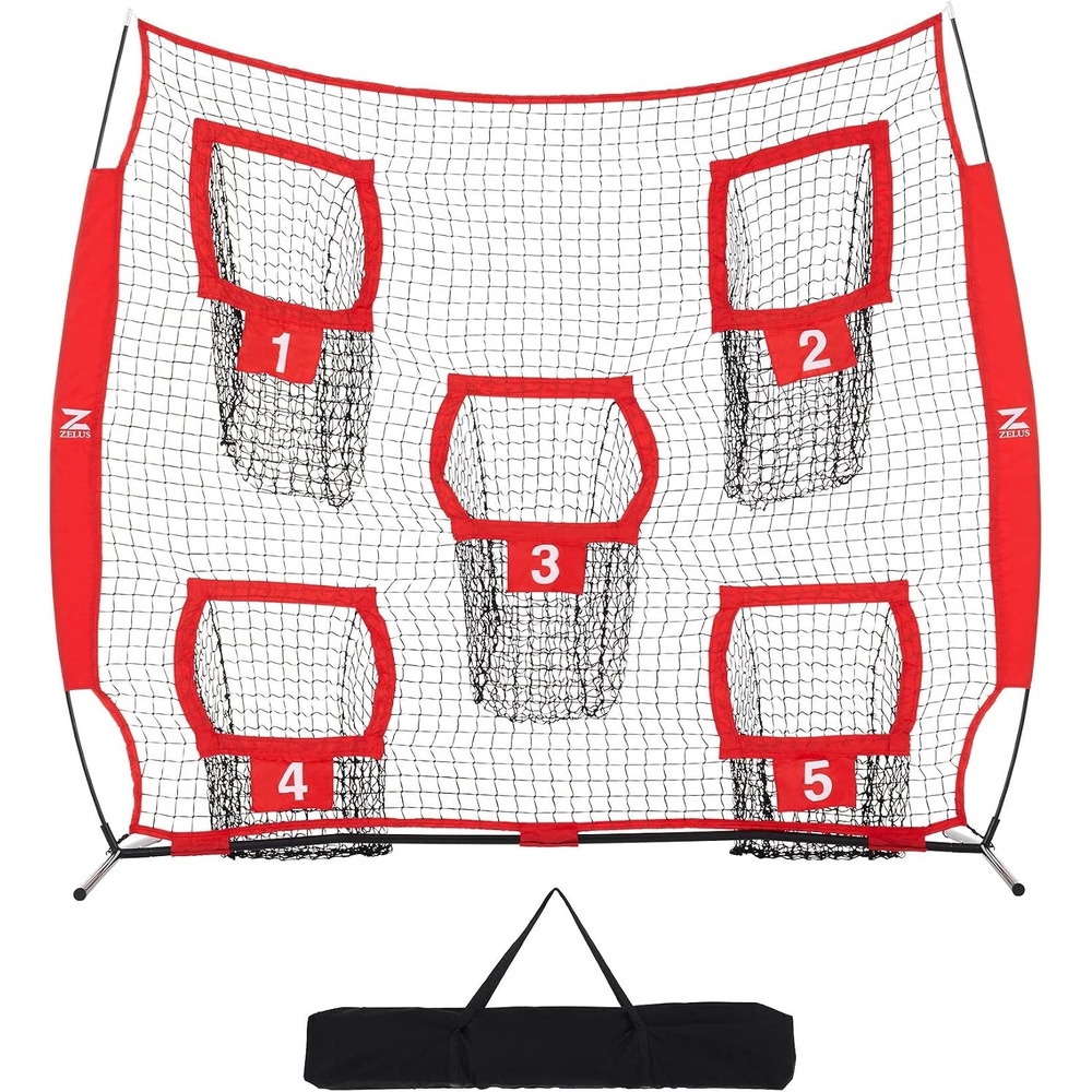image:imageZELUS 7 x 7ft Football Trainer Throwing Net Training Target Practice with 5 Targets Great for Quarterback Includes Carry BagRed