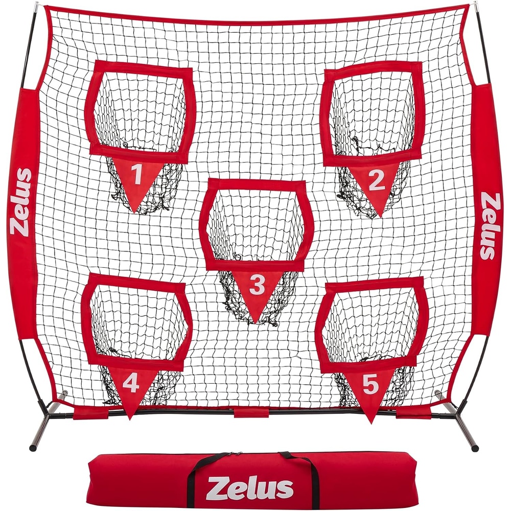 image:imageZELUS Football Throwing Net Quarterback Training Equipment with 5 Target Pockets Football Practice Throwing Passing Accuracy Trainer with Carry Bag Ground Stakes for Kids AdultsRed